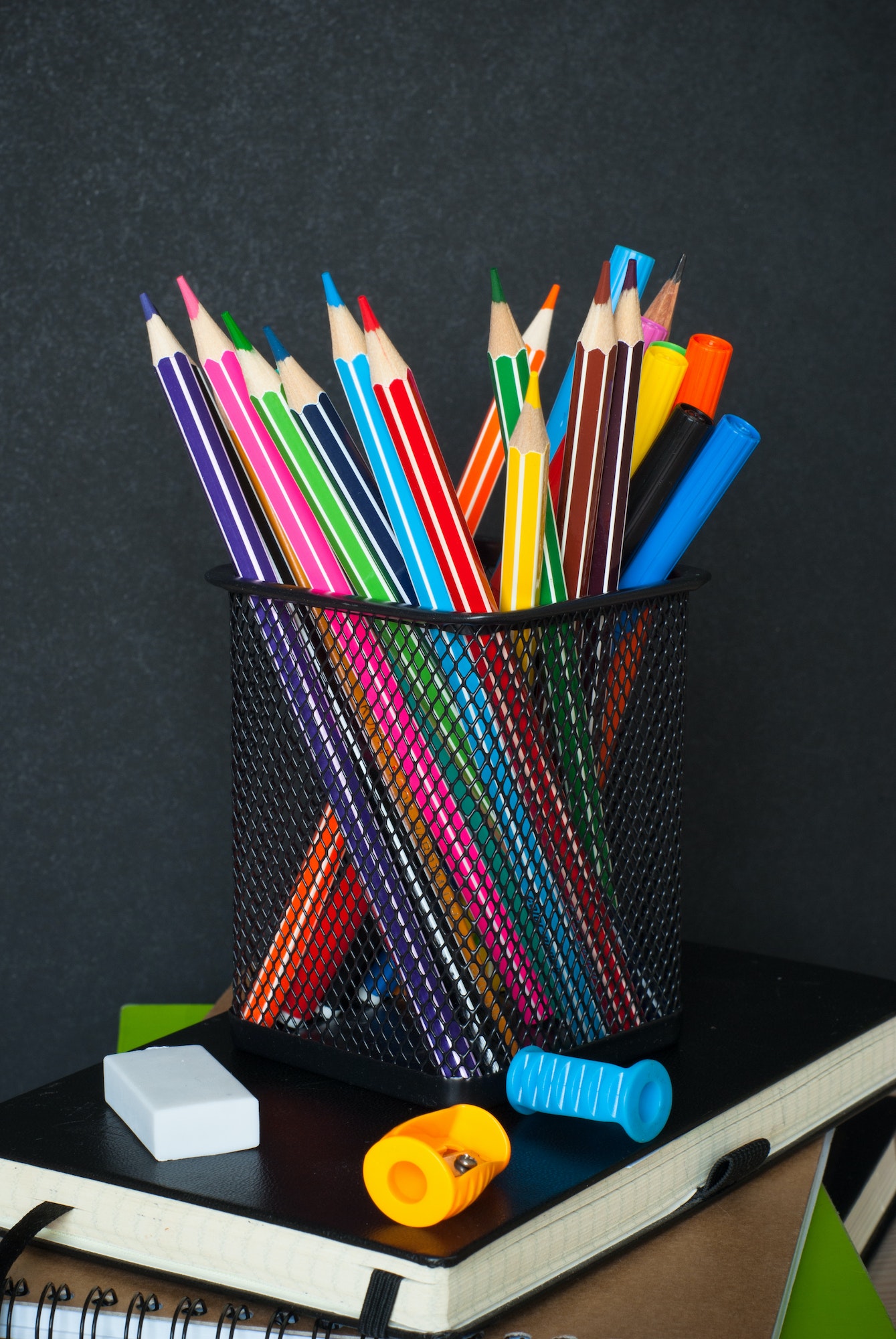 School supplies on classroom table